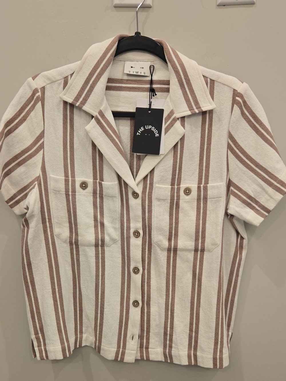 NWT The Upside Women’s Short Sleeve Stripe Shirt - Cream & Brown. Size Medium.